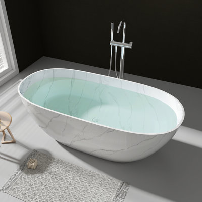63" Marble-pattern Solid Surface Freestanding Soaking Tub