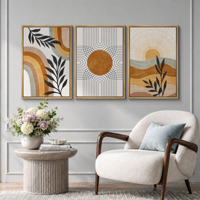 Mid Century Modern Boho "Western Orange Brown Sun Artwork, Abstract Vibrant Plant Pictures, Framed Canvas 3 Pieces Giclee Print Wall Art" 16"x24"x3 pcs, 24"x36"x3 pcs