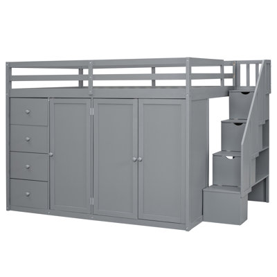 Full Size Gray Loft Bed With Functional Wardrobes, Cabinets, And Drawers For Bedroom Abundant Compartment Storage: