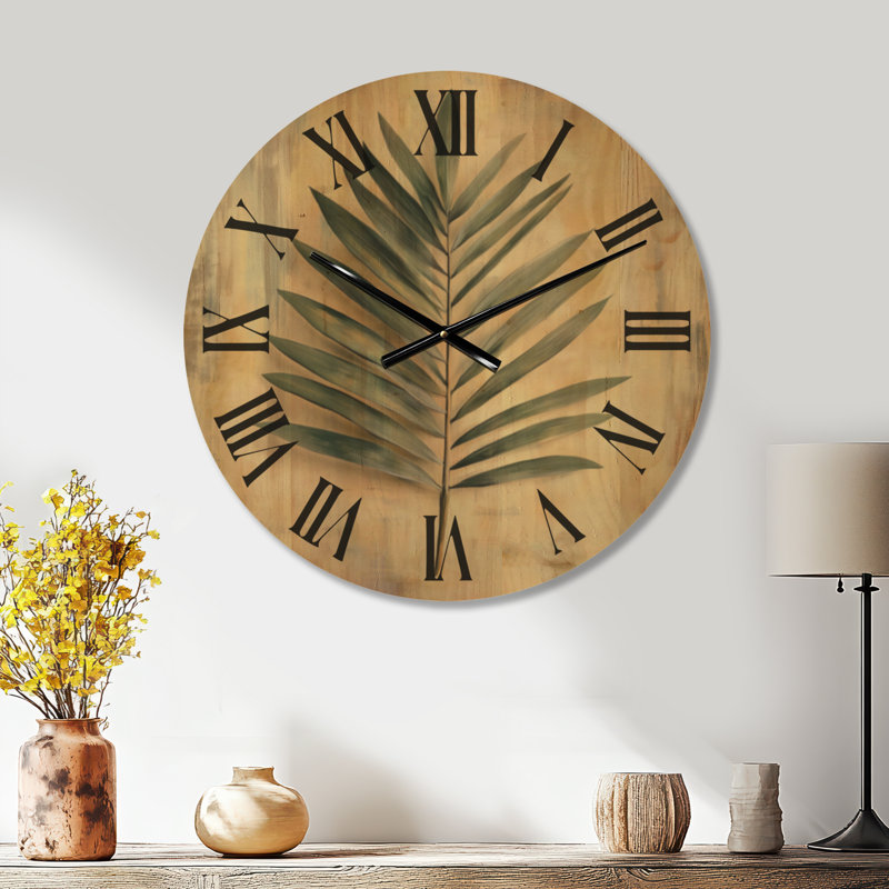Horloge murale ronde tropicale à motif de feuilles de palmier sauge, imprimée sur bois, Large
