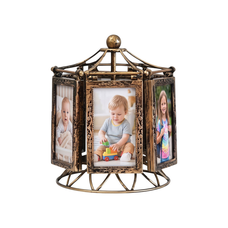 Cadre photo rotatif vintage en bronze antique, présentoir carrousel en métal avec volutes