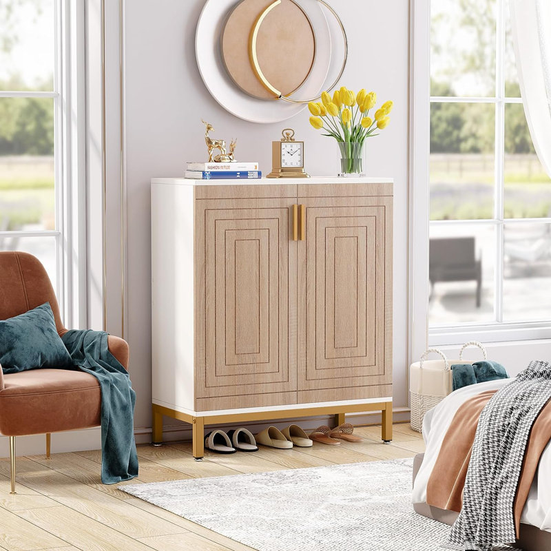 20 Pair Shoe Storage Cabinet, White/Natural/Gold