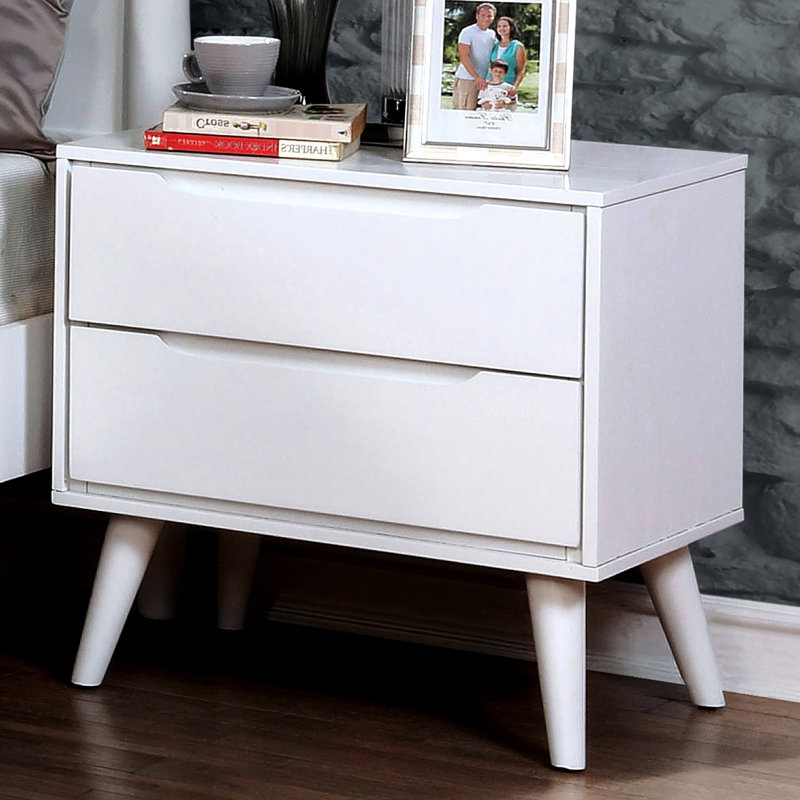Table de chevet blanche moderne Mid-Century avec 2 tables de chevet en bois massif et pieds fuselés en blanc, 2 pieds en angle
