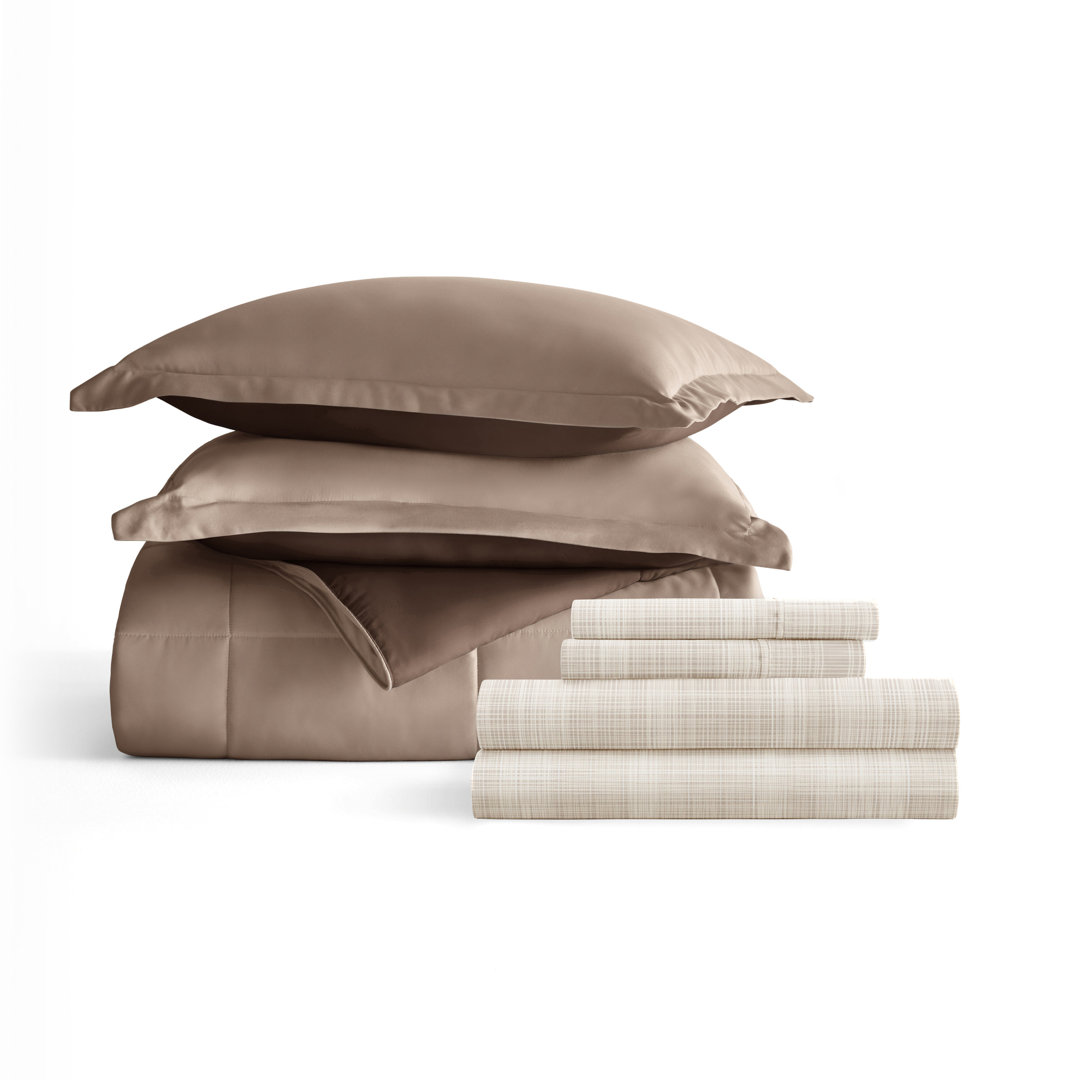 7-Piece Reversible Bedding Bundle - Solid Comforter and Patterned Sheet Set IEnjoy Home 