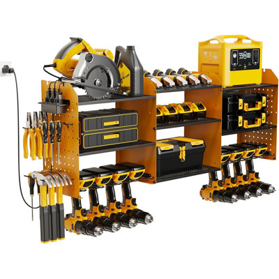 Power Tool Organizer with Charging Station Wall Mount, 3 Layer Expanded Heavy Duty Garage Organization, 45.5 Inch Length Garage Tool Storage, 8 Drills, 2 Assemble Method[Yellow]
