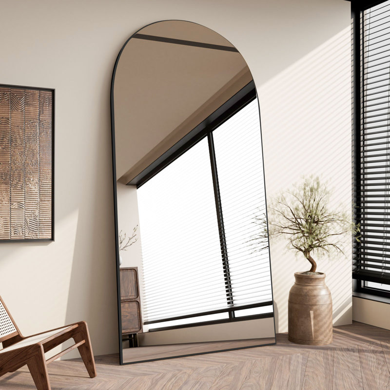 Très grand miroir de plancher arqué sans cadre pleine longueur avec support, miroir mural ou incliné pour chambre à coucher, salle de gym à domicile, salon, entrée