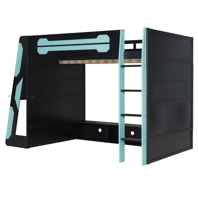 Lit mezzanine double en bois avec bureau, tablettes multiples et lumière RVB, bleu nuage, Bleu