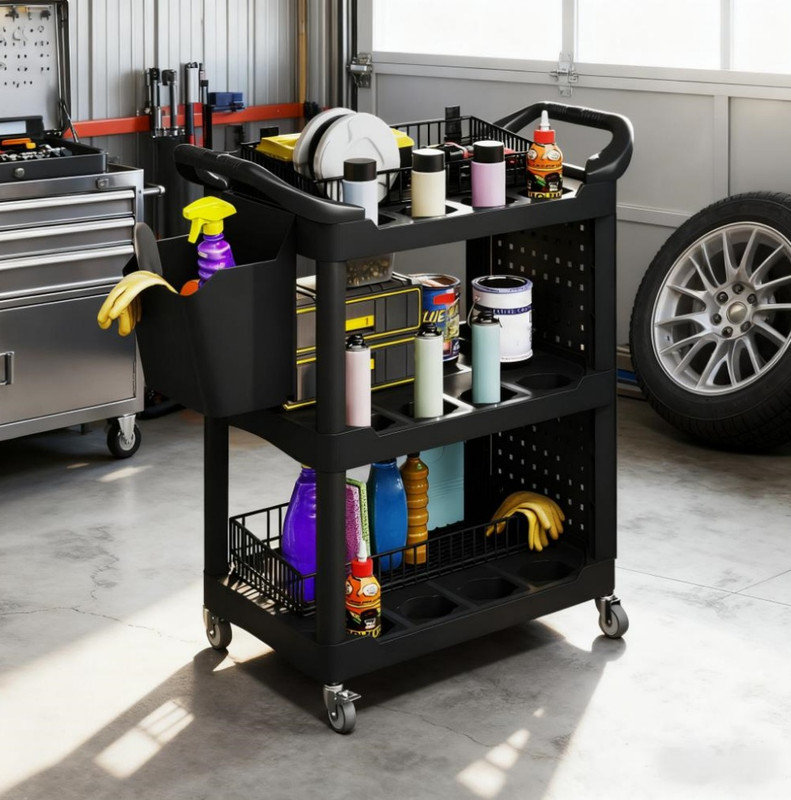 Capacité chariot en plastique avec tablette latérale et seau de rangement, chariot à outils à 3 niveaux, Noir