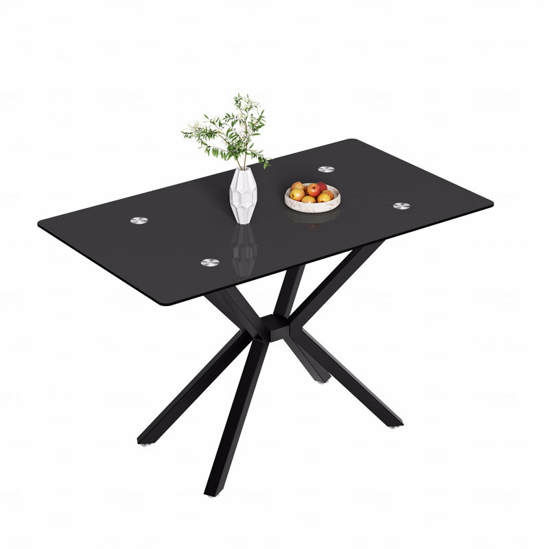 Table de salle à manger rectangulaire 47,24 "en verre trempé, design élégant avec pieds en métal noir, Noir