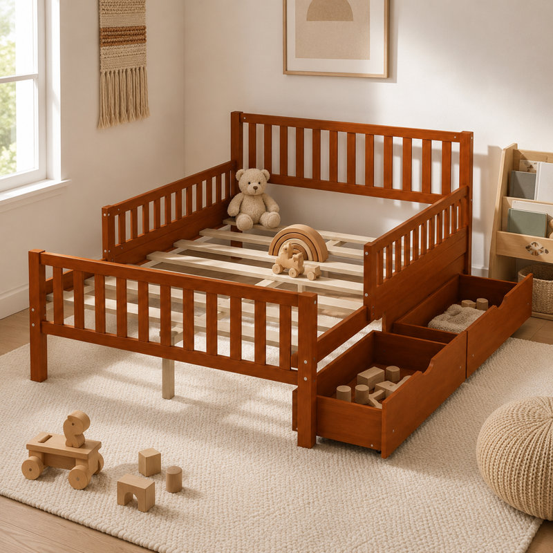 Lit plateforme en bois avec 2 tiroirs de rangement sous le lit, garde-corps pleine longueur et support à lattes, aucun sommier nécessaire
