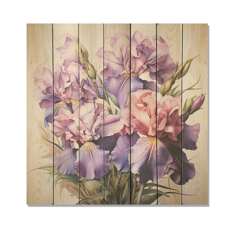 Iris mauve et rose mauve I - Iris sur bois, H 15 po x l 15 po