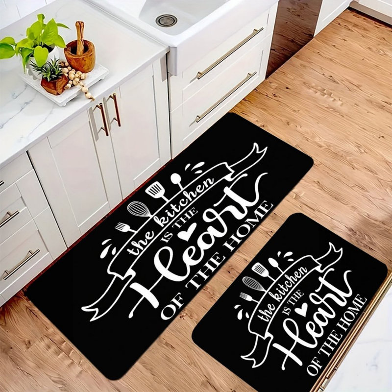 Ensemble de 2 tapis à motif d'ustensiles de cuisine noir et blanc pour salle à manger