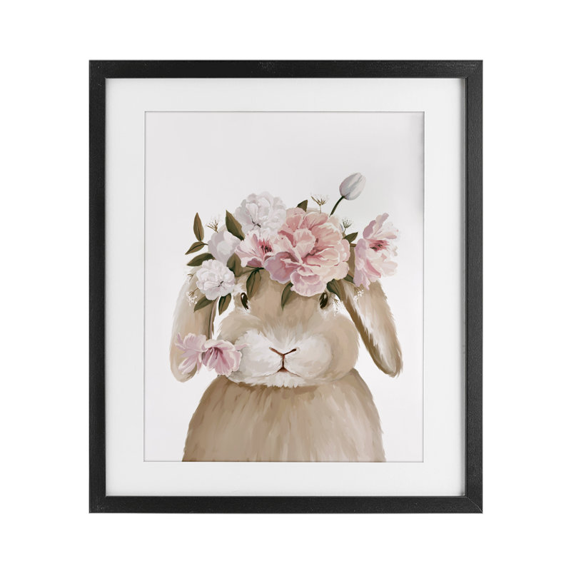«Soft Bunny & Flowers», reproduction encadrée sous verre, design par Anna Lischenko, H 21 po x l 17 po, Cadre noir minuit
