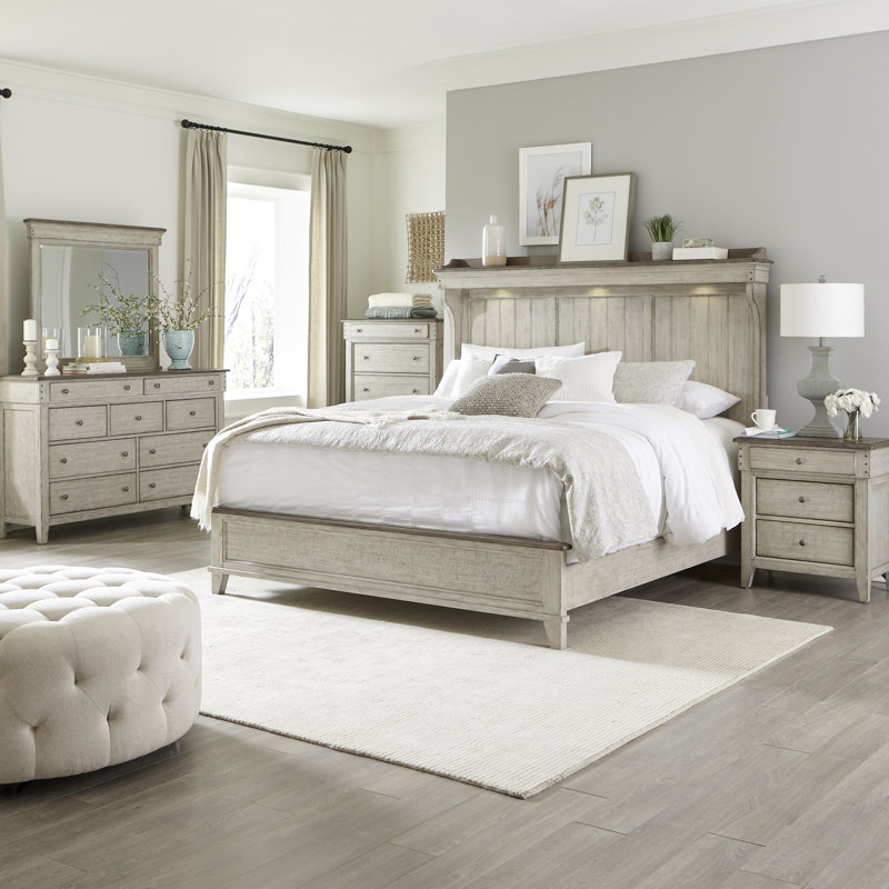 Ensemble de chambre à coucher avec lit de cheminée, commode et miroir, commode et deux tables de chevet Cathleen, Grand