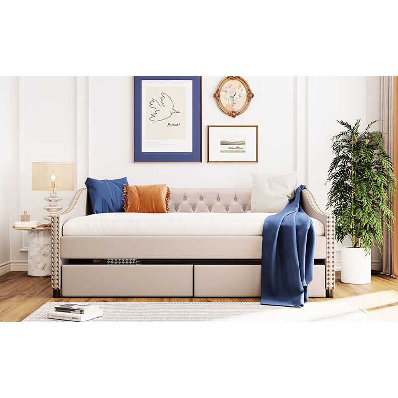 Beige Daybed With Two Drawers And Stable Wood Slat Structure - Make Your Home More Elegant Full Size Drawers, Upholstery & Back Enhance Bedroom Ambiance