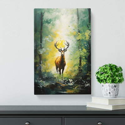 Stag In A Forest Action - Wrapped Canvas