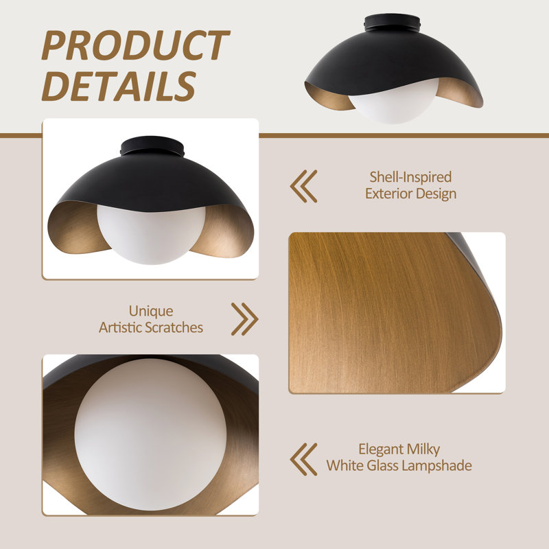 15.5" 1-Light Modern Globe ETL Flush Mount Ceiling Light With Opal Glass, Matte Black & Gold Interior Shell-Style Dimmable  Shade For Hallway