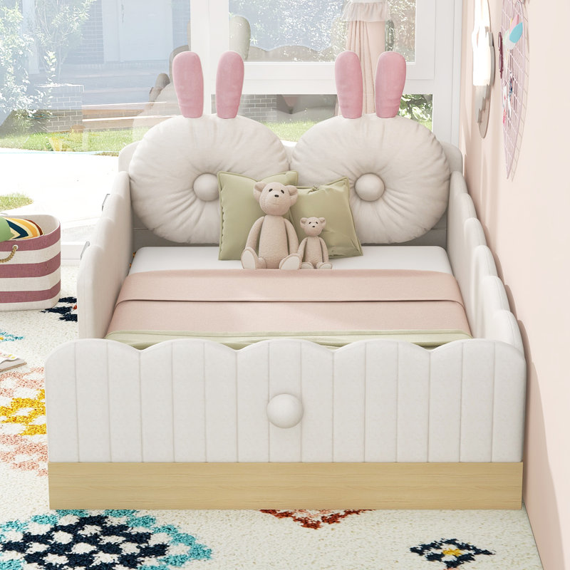 Upholstered Bed With Pillows And Bags On Sides, Beige