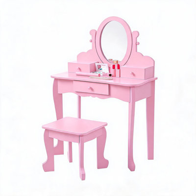 Ensemble de coiffeuse pour enfants avec miroir et tiroirs, coiffeuse Princess et ensemble de jeu de tabouret pour filles de 4 à 9 ans, ensemble de jeu en bois pour une déguisement créatif, des cadeaux d'anniversaire et un décor de chambre