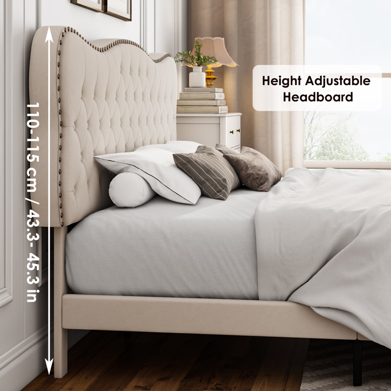Lofgren Tufted Upholstered Platform Bed with Adjustable Headboard, Queen, Light Beige