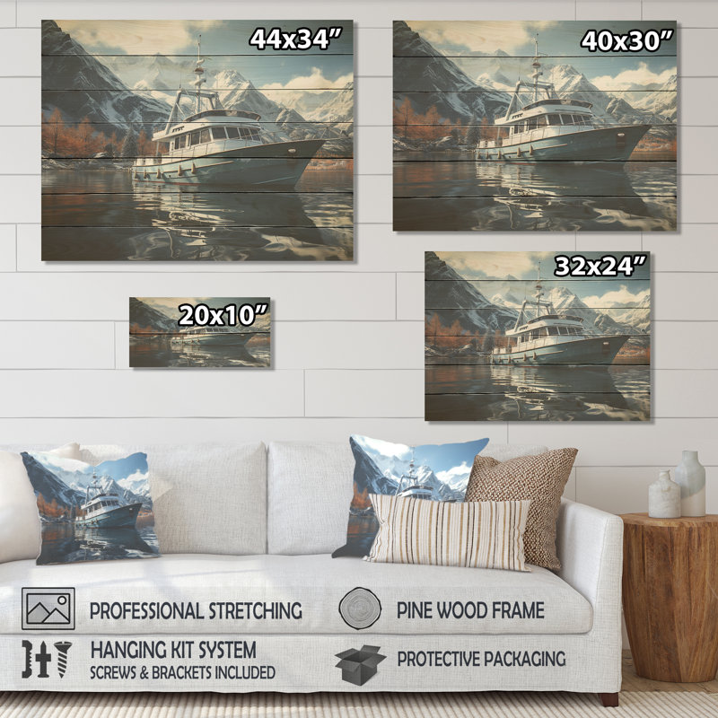 Red And White Fishing Boat In River I - Boat Fishing On Wood Print, 10" H x 20" W x 0.78" D