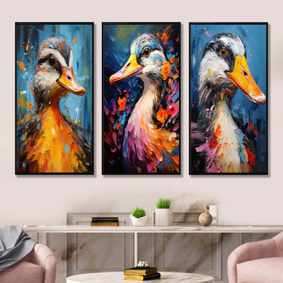 Portrait de canard bleu et jaune I - ensemble de 3 décorations murales de canard