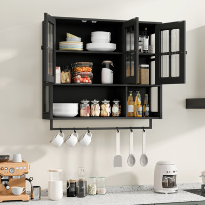 Armoire de salle de bain avec 3 portes, porte en verre, barre à serviettes - Minimaliste moderne, noir, + verre trempé, convient pour le vestibule et le salon Salle de bain noire à 3 portes, vestibule, design, support de rangement ouvert