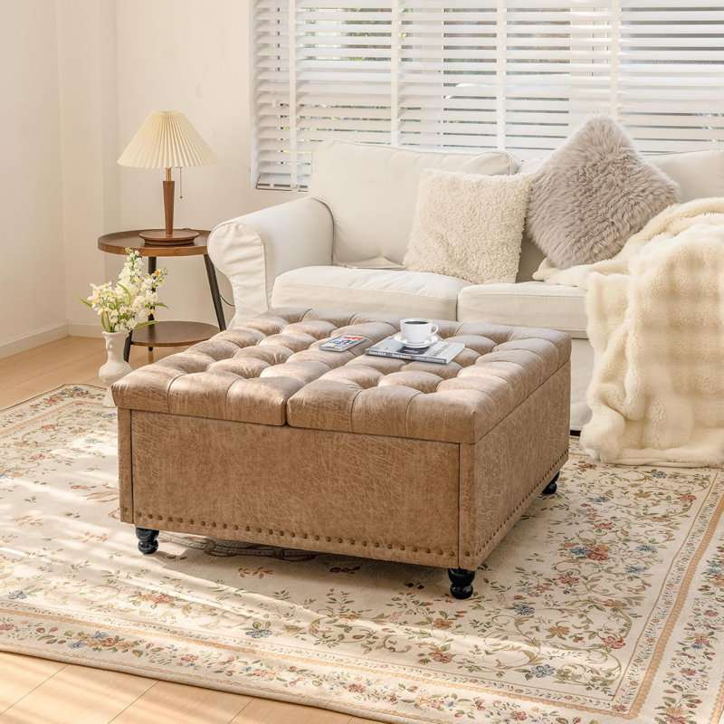 Upholstered Ottoman, Light Brown