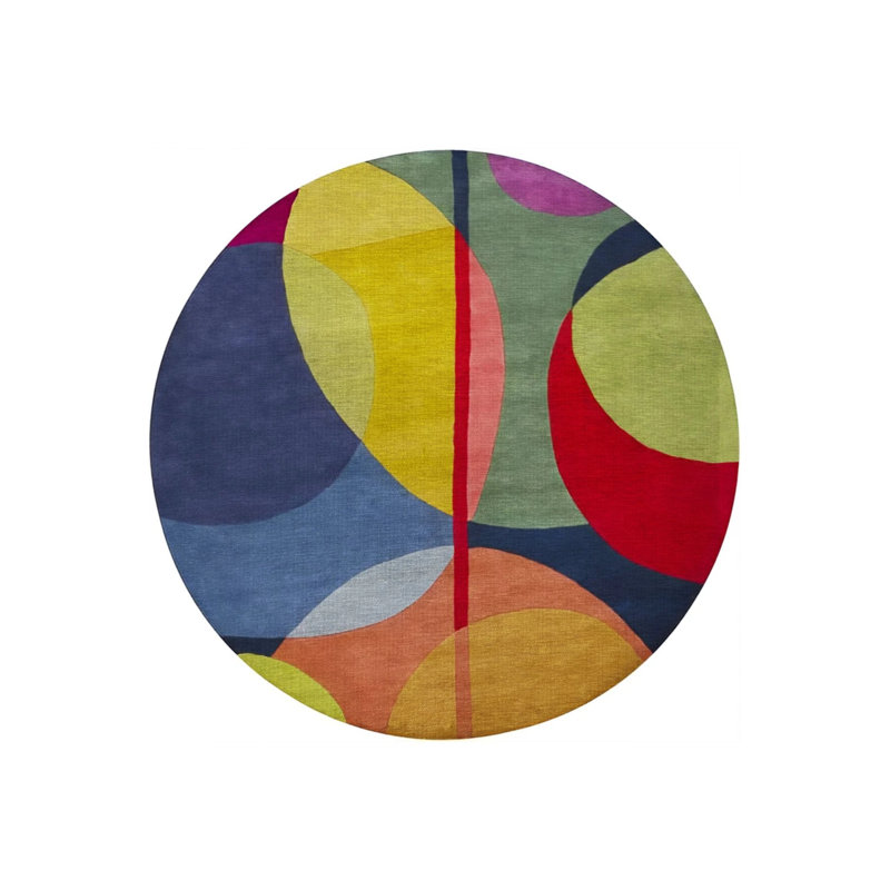 Multicolored Geometric Circle Shape Patterned Modern Woven Base Round Decorative Carpet, Round 5'