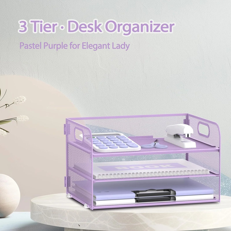 Organisateur de plateau de papier à 3 niveaux, organisateur de dossier en filet avec poignées, Mauve
