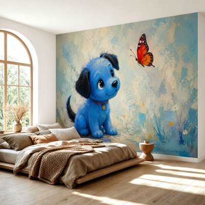 Wall Mural Peel and Stick Wallpaper Dog Colorful Animal Pet Puppy Butterfly Modern Blue Red Soft Playful Self-Adhesive Removable Contact Paper Wall Decor for Living Room Bedroom 69"H x 96"W