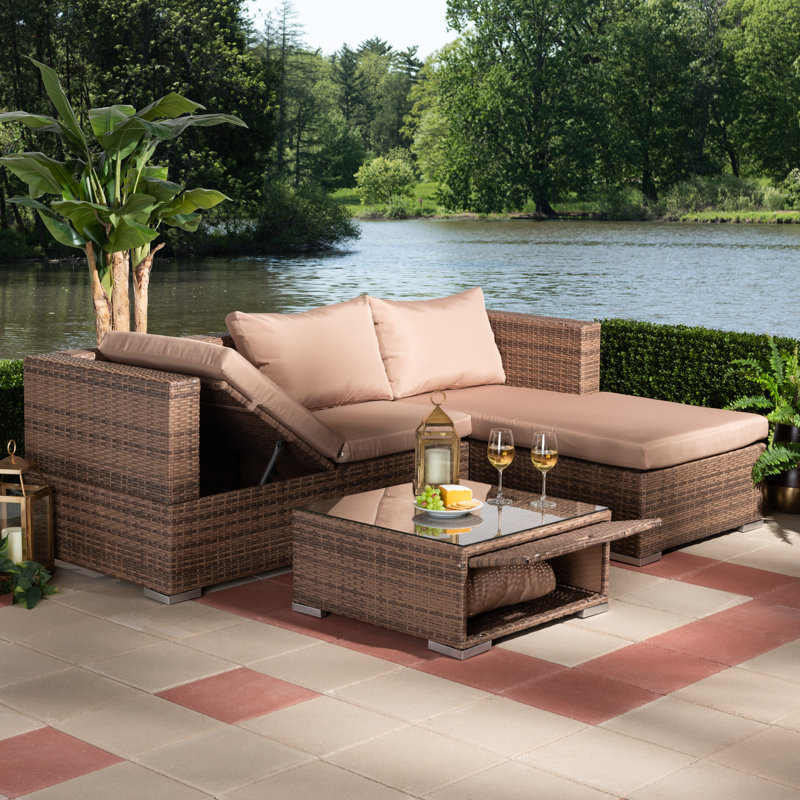 Ensemble de conversation modulaire d’extérieur avec coussins 3 pièces en rotin Tidworth