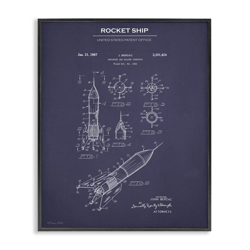 «Rocket Ship Blueprint», art de la giclée encadrée par Susan Ball, Giclée encadrée noir minuit, H 14 po x l 11 po