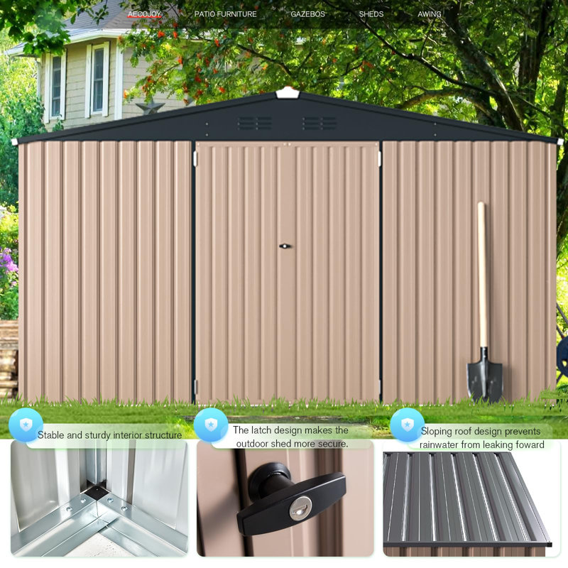 Tan 10' x 12' Metal Outdoor Storage Shed with Lockable Door