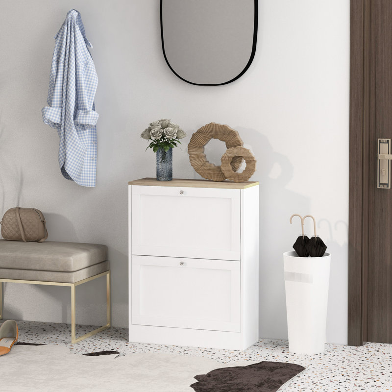 Entryway Shoe Storage Cabinet - 2 Flip Drawers, Adjustable Shelves, Stores 12 Pairs, White Modern Chic Look With Drawers & Shelves For Pairs Of Shoes