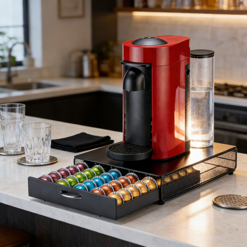 Porte-dosette et organisateur Nespresso Vertuo avec tiroir coulissant, support en métal moderne pouvant contenir 50 capsules de café pour les machines Vertuo Suite, Plus et Evoluo