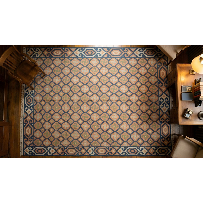 Antique Geometric Allover Pattern Room Size Cotton Dhurrie Kilim Rug