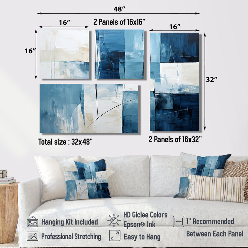 Nautique, formes géométriques blanches et bleues III - impressions sur toile bleues, 4 pièces, Noir