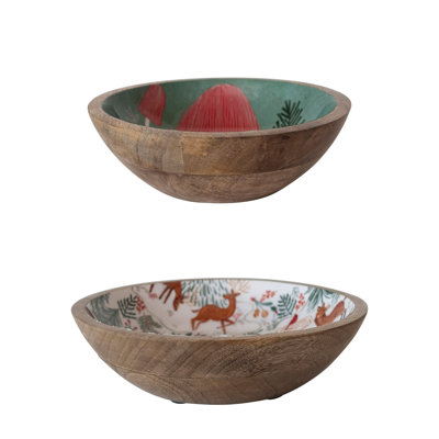 Enameled Mango Wood Bowls With Woodland Flora/Fauna Pattern
