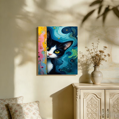 «Peeking Tuxedo Cat», art mural en bois à l'arrière 36 po x 24 po