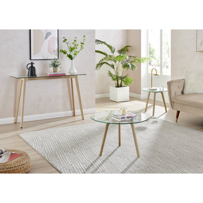 Sala 3 Piece Round Coffee Table Living Room Set - Scandinavian Style Glass and Wood Centre Table