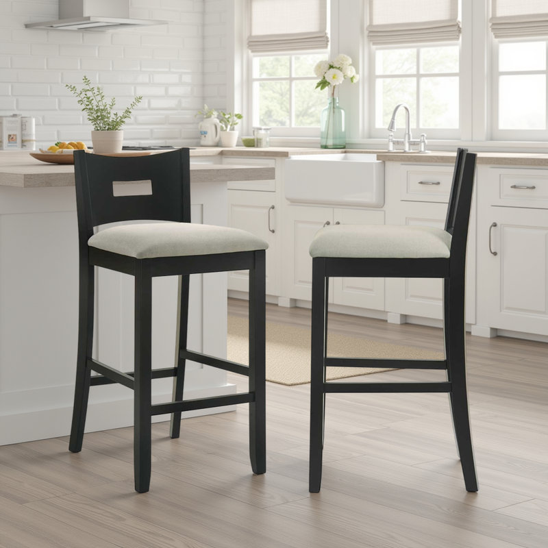 Barrymore Rubberwood Barstool With Fabric Seat, Gray, Bar Stool (30.5” Seat Height), 2