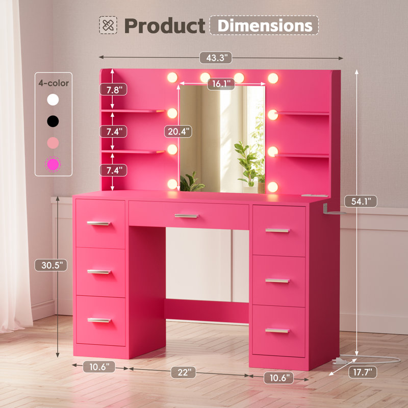 Ragin Makeup Vanity With Usb Power Outlet And 3 Modes Adjustable Brightness Light, Deep Pink