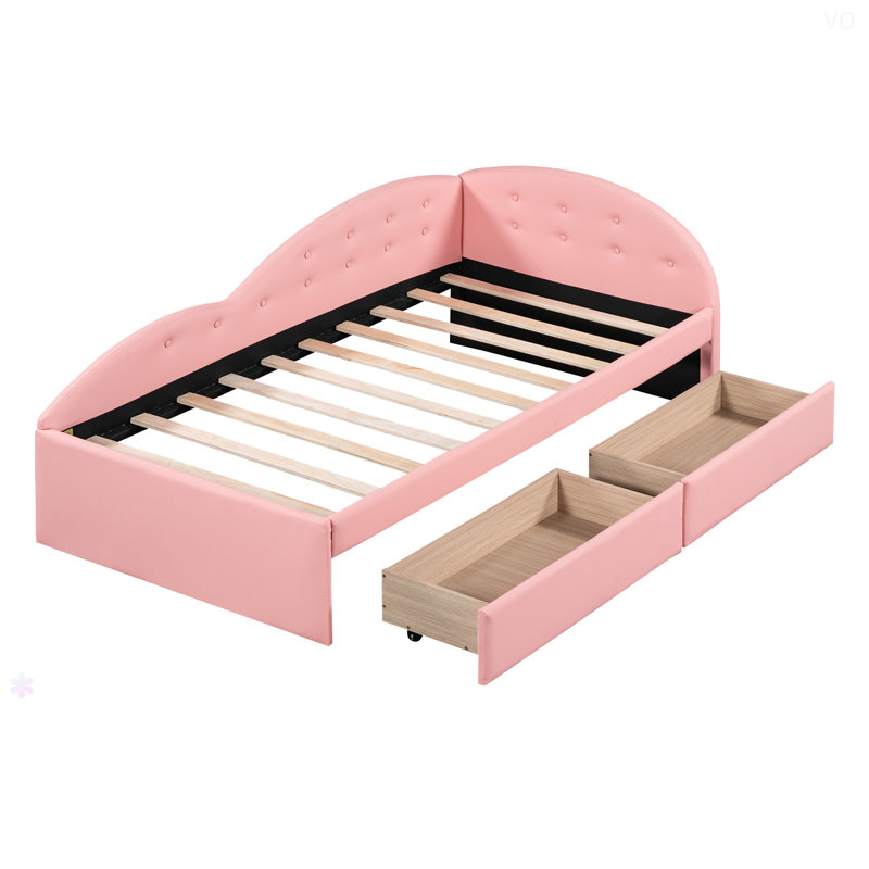 Lit de jour simple rembourré en PU capitonné avec deux tiroirs et garde-corps en forme de nuage, rose