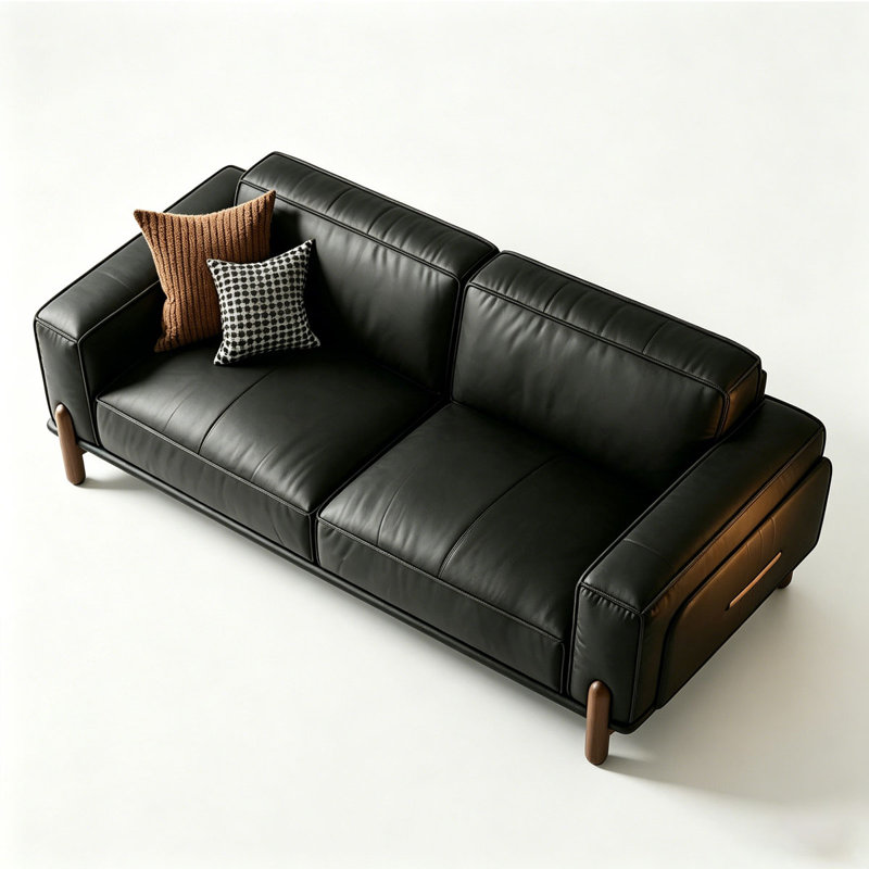 Canapé modulaire noir en cuir véritable, L 86,54 po, Cuir de grain supérieur noir