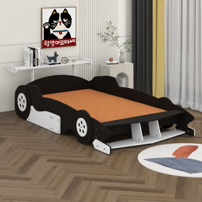 Full Size Race Car Bed For Kids, Wood Car-Shaped Platform Bed With Storage Shelves, Car Bed With Wheels 
