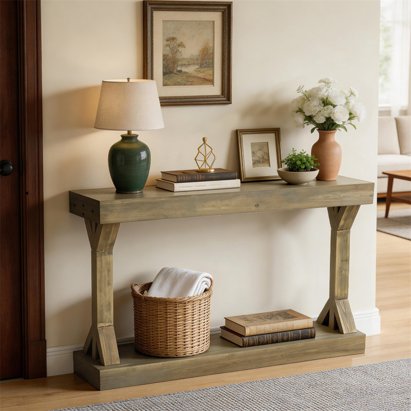 47.24” Console Table Long Farmhouse Solid Fur Wood Console Entryway Table For Hallway With Shelf, Gray Wood