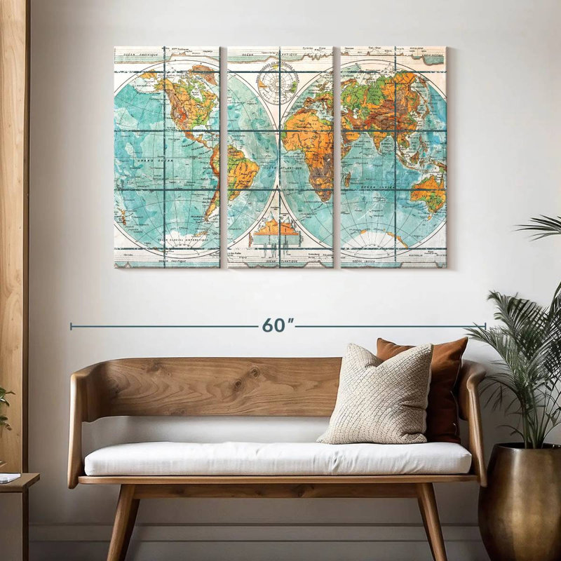 «Globe World Map», ensemble de 3 reproductions sur toile par Tess P, H 32 po x l 50 po x P 1,25 po