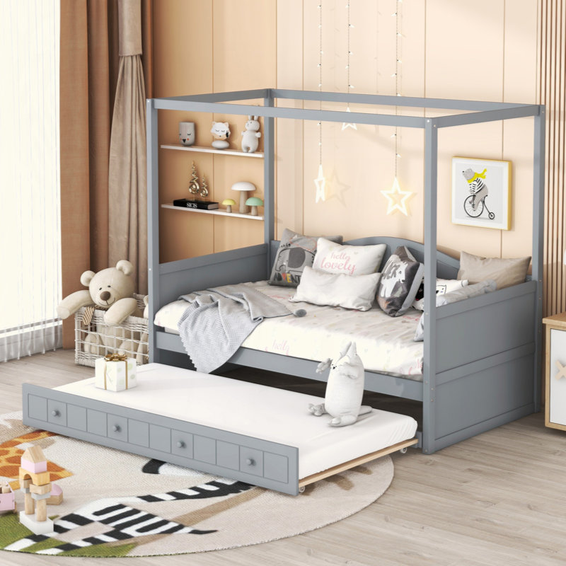 Canopy Day Bed With Twin Size Trundle, Gray