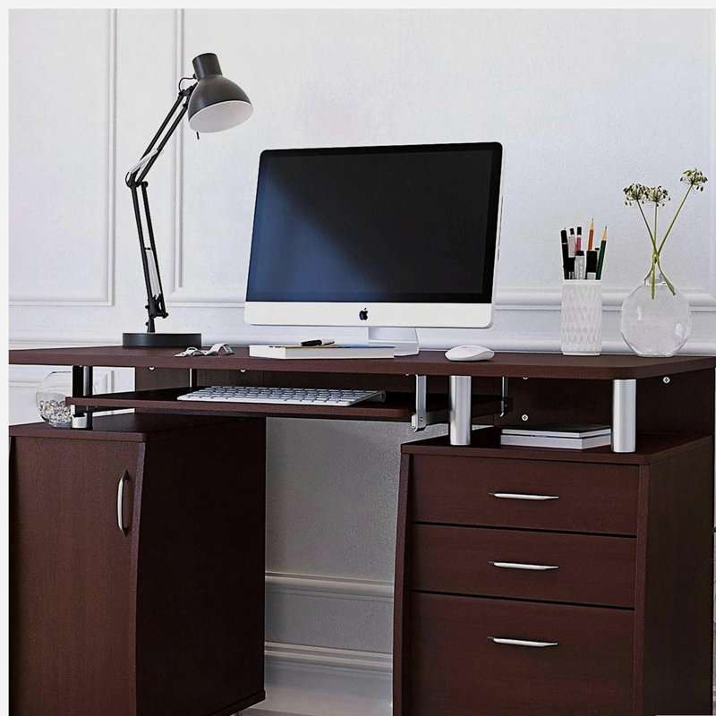 Bureau d'ordinateur complet avec rangement, Brun